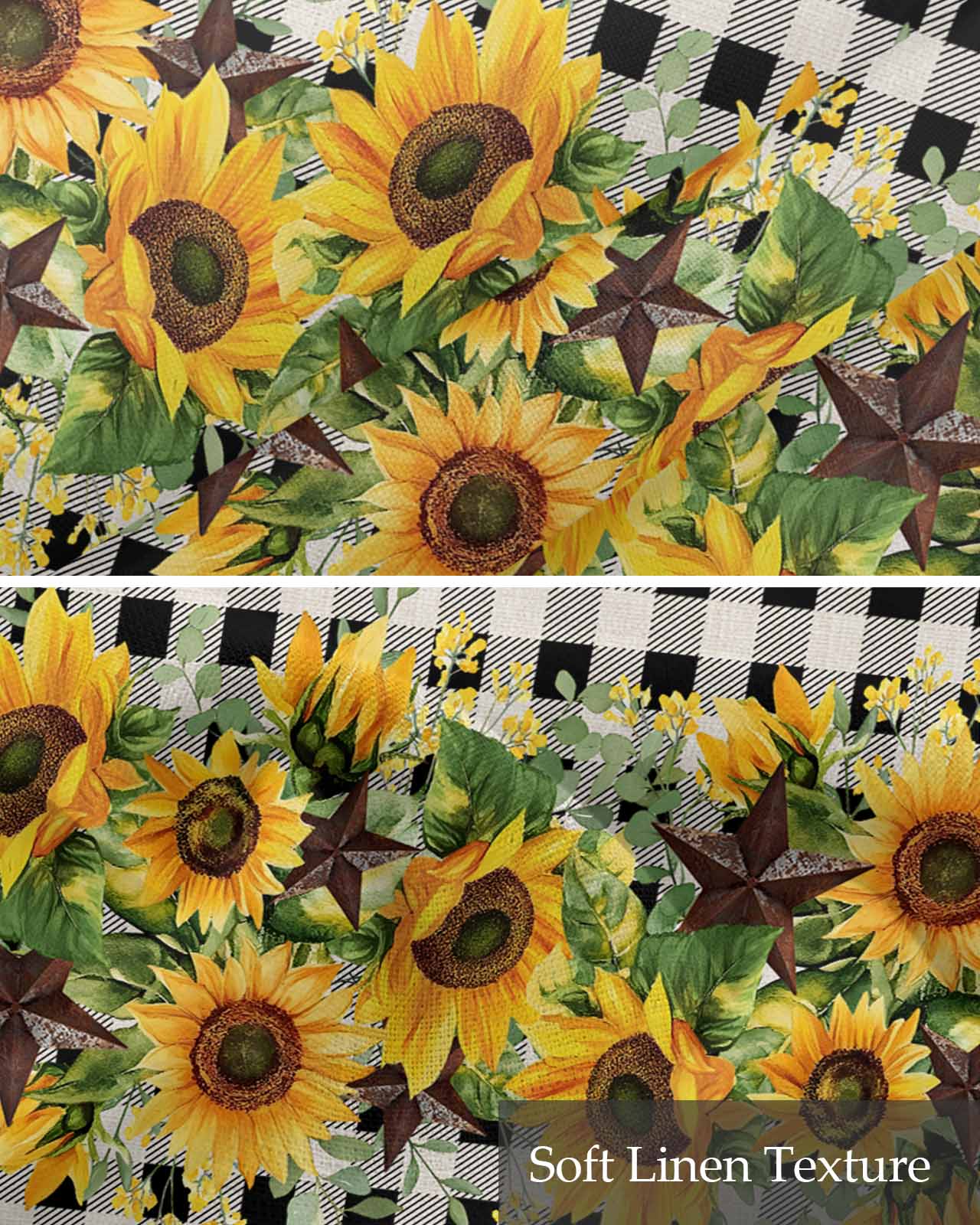 Sunflower Kitchen Valances for Windows Farmhouse Linen Window Valance Curtain for Living Room Window Treatment Rustic Brown Country Star Black Checkered Valance Rod Pocket Topper Drape, 42 x 12 Inch