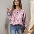 thumbnail image 6 of Women's Autumn Winter Dense Floral Print Top Waffle Henry Shirt for Luxurious and Comfortable Fall Fashion with Floral Designs,Purple,L, 6 of 7