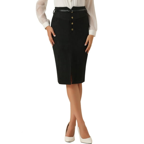 Falda de ante sintético Allegra K para mujer, de talle alto, con botones en la parte delantera, falda en A con abertura, color negro