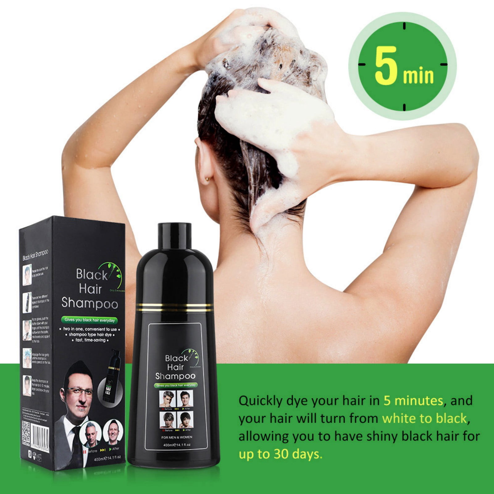 Black Hair Dye Shampoo Instant Black Hair Shampoo for Natural Hair, Hair Dye Shampoo for Men and Women Black Color/Simple to Use/Lasts