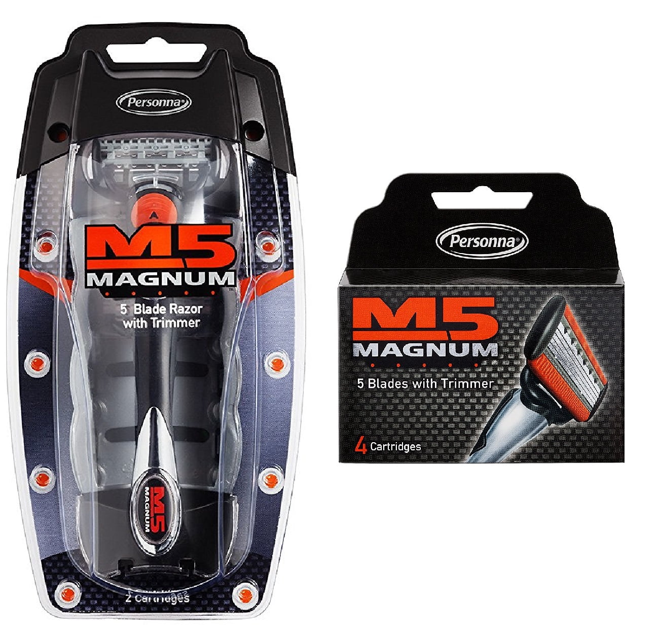 Personna M5 Magnum 5 Razor with Trimmer + M5 Magnum 5 Refill Razor Blade Cartridges, 4 ct. + Makeup Blender