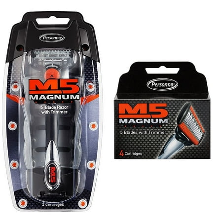 Personna M5 Magnum 5 Razor with Trimmer + M5 Magnum 5 Refill Razor Blade Cartridges, 4 ct. + Yes to Tomatoes Moisturizing Single Use Mask