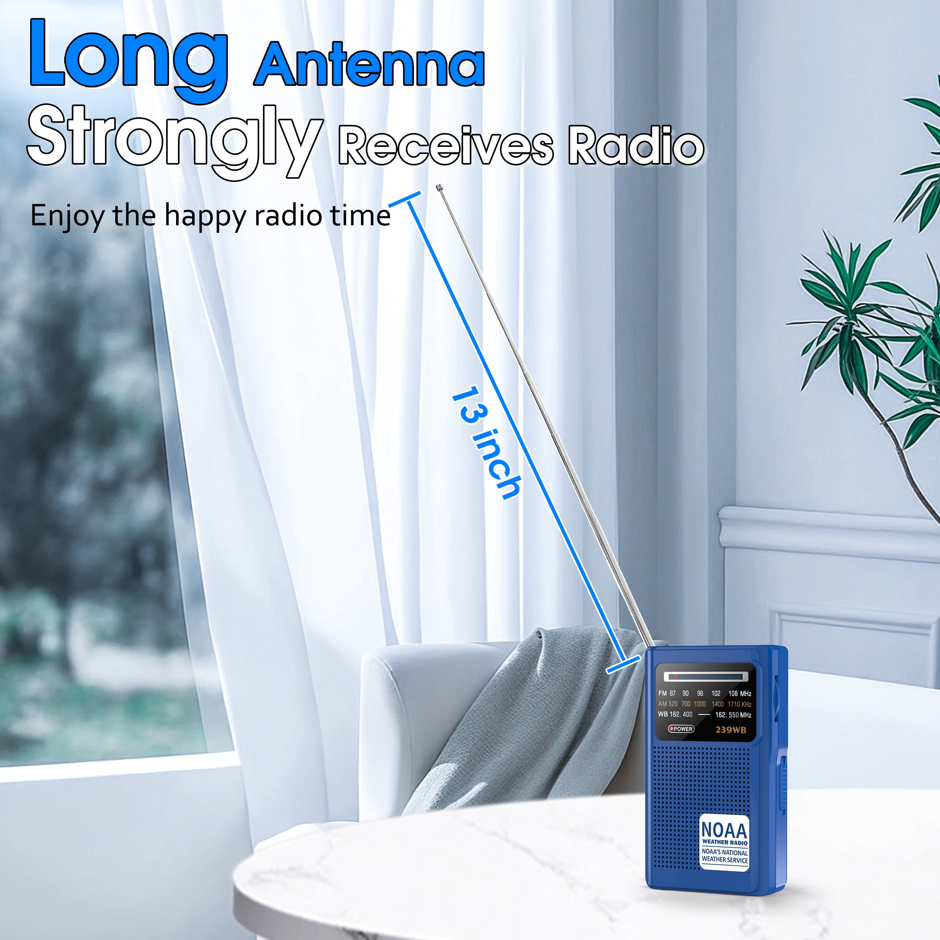 Jazmm NOAA Weather Radio, Battery Operated Transistor Radio with 3.5mm Stereo Earphone Jack, Best Reception, Powered by 2 AA Batteries for Emergency, Outdoor & Home Use (Blue)