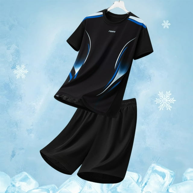 Handshe Men's Summer Casual Solid Color Short - Sleeved Round Neck Elastic Waist Set, Polyester Fashion Two - Piece Outfit