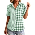 thumbnail image 6 of Button Down Shirts for Women Collared Shirt Short Sleeve Plaid Stripe Patchwor Linen Summer Tops, 6 of 6