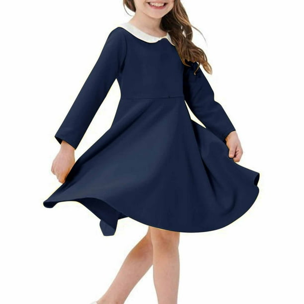 Odeerbi Niñas Cuello Peter Pan Vestido Algodón Primavera Otoño Vestido Manga Larga Color Sólido Cuello Redondo