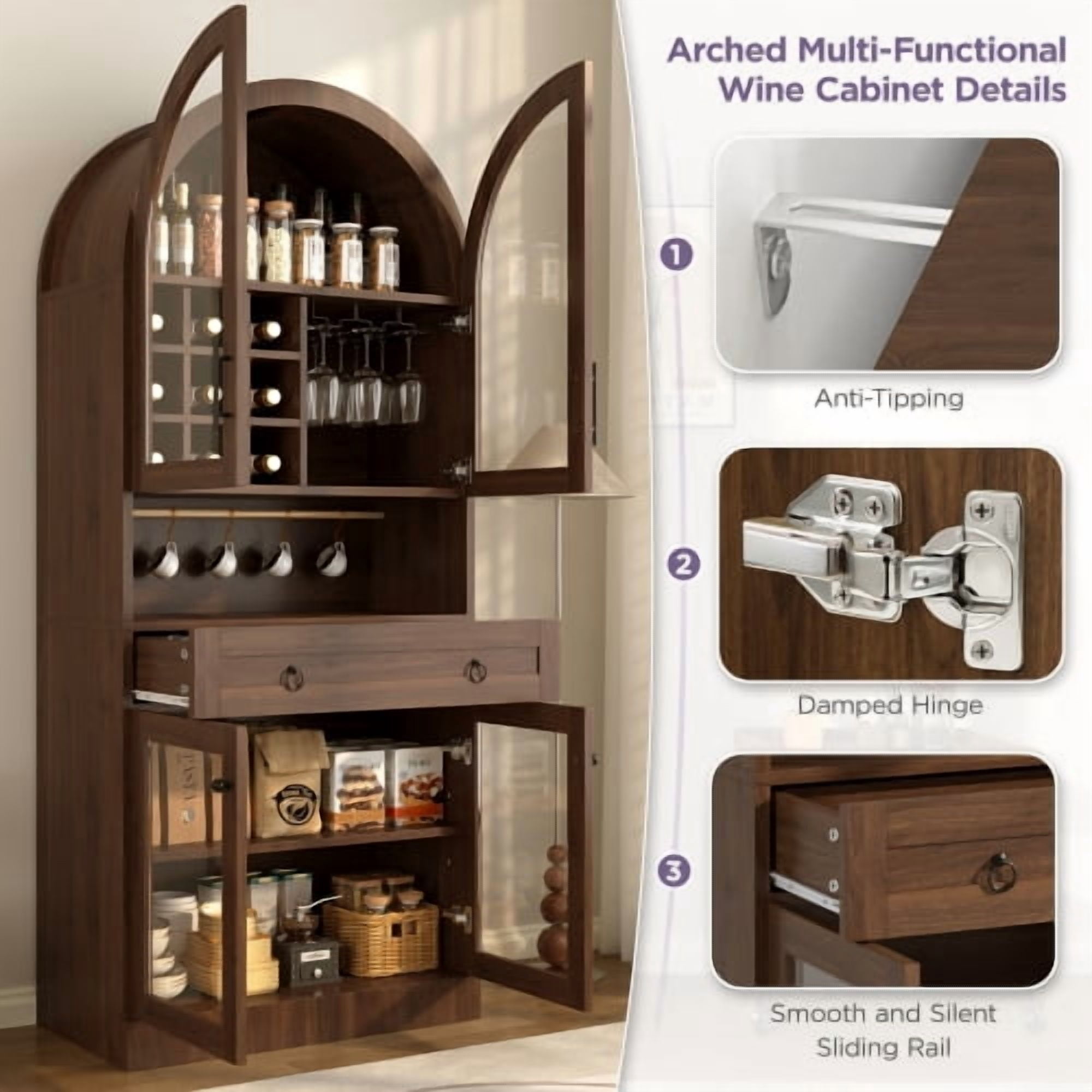 70" Tall Arched Bar Cabinet, Mid-Century Wine & Coffee Bar Cabinet with Tempered Glass Doors, 9 Wine Racks, 3 Glass Holders, Adjustable Shelf, 5 Hooks, Large Drawer, Walnut