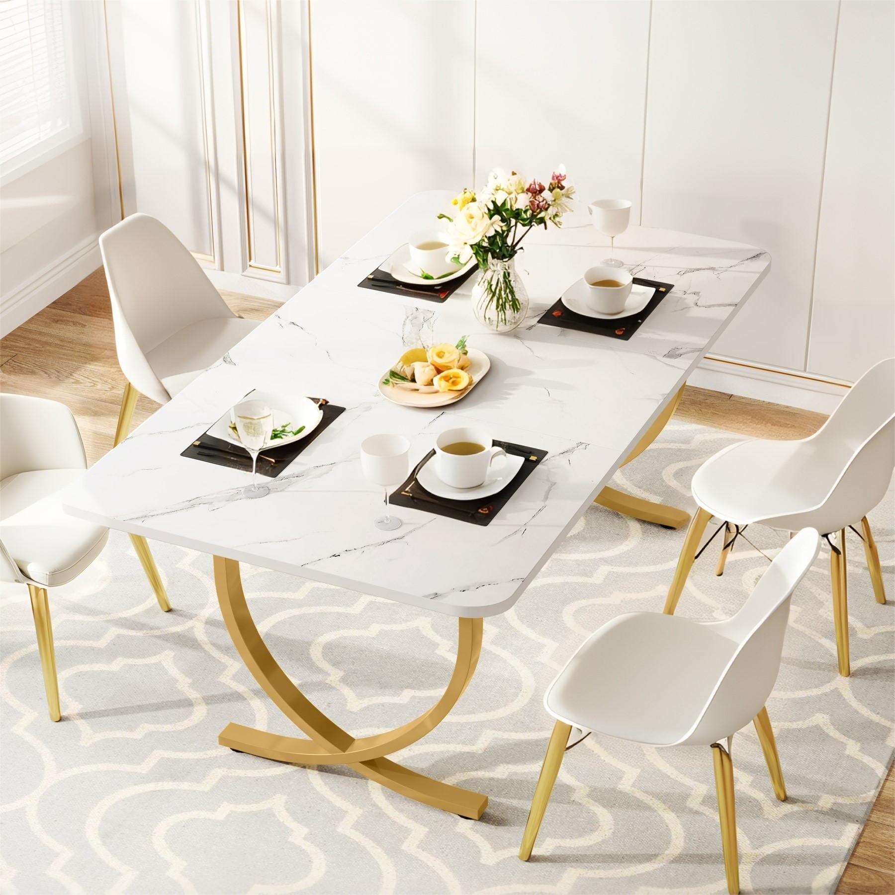 Fnova 63" Modern Long Dining Table for 6 people, Rectangular Faux Marble Kitchen Table with Metal Legsfor Dining Room, White Gold