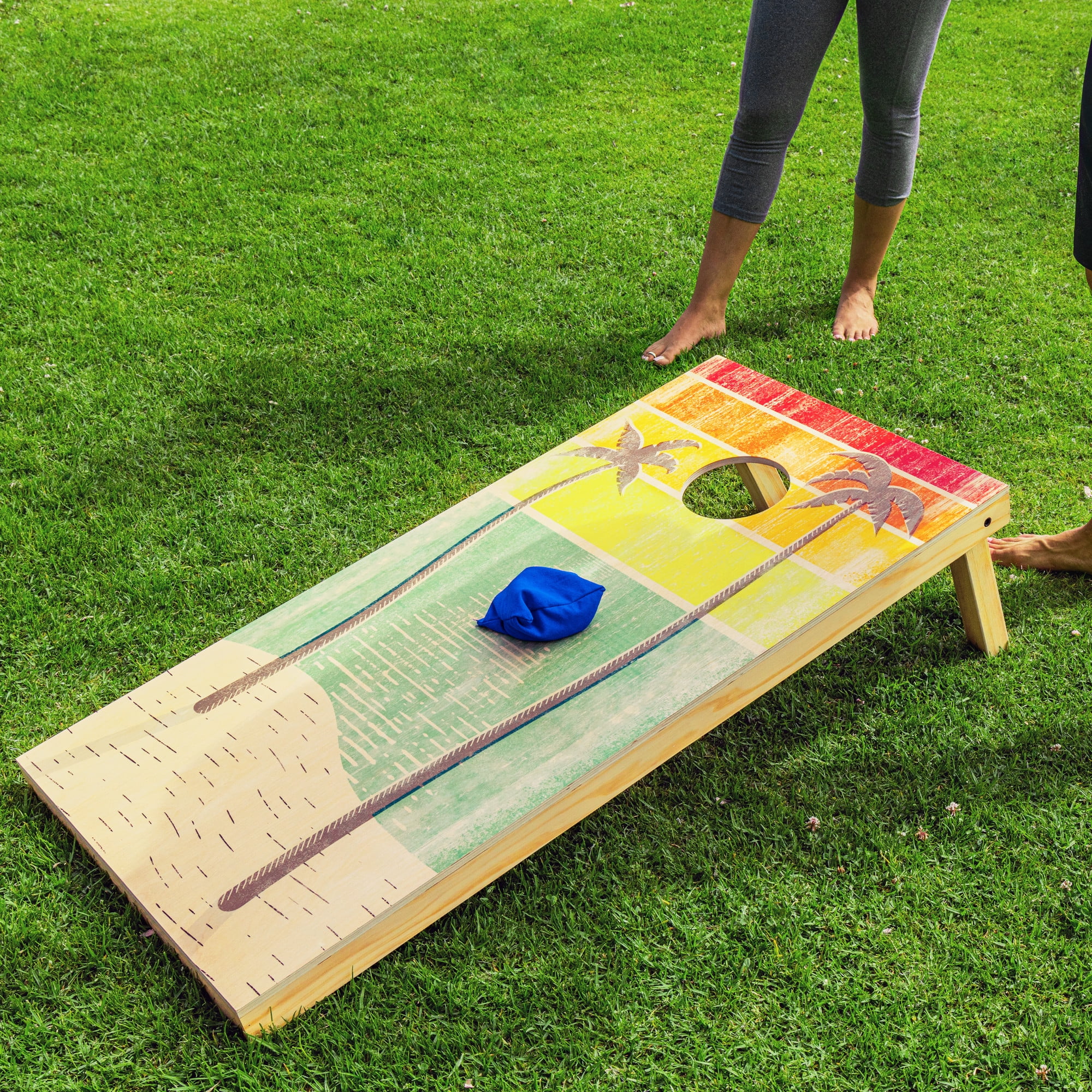 GoSports Regulation Size Premium Wooden Cornhole Set - Includes Two 4' x 2' Boards, 8 Bean Bags, Carrying Case and Game Rules - Retro Beach