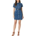 thumbnail image 2 of INSPIRE CHIC Women's Denim Shirt Dress Collar Short Sleeve Belted Button Up Jean Dresses, 2 of 5