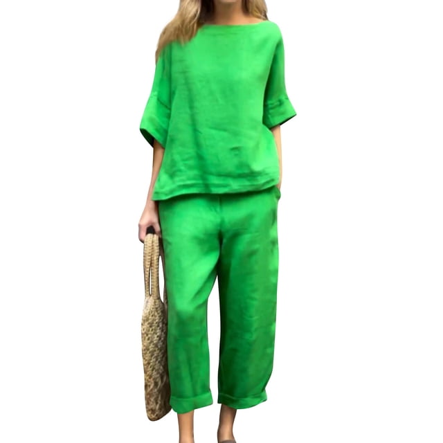 Cuhas.CA Tenues de Voyage pour Femmes Femmes Col Ras du Cou Couleur Unie Décontracté Coton Lin Ensemble Haut à Manches 3/4 et Pantalon Survêtements pour Femmes 2 Pcs, 2TG
