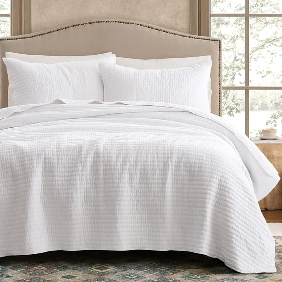 100% Cotton King Size Quilt Set White Striped Pick Stitch Soft Lightweight Farmhouse Rustic Coverlet