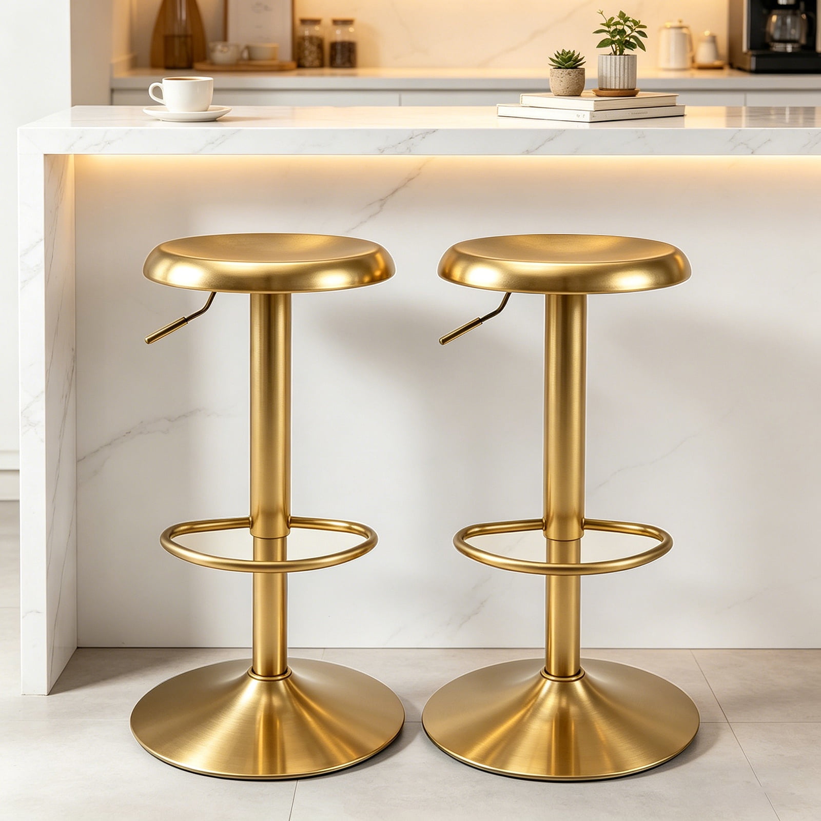 Gold Bar Stools Set of 2, 360° Swivel Round Adjustable Counter Height Bar Stools, Industrial Backless Metal Bar Chairs for Kitchen Island with Footrest