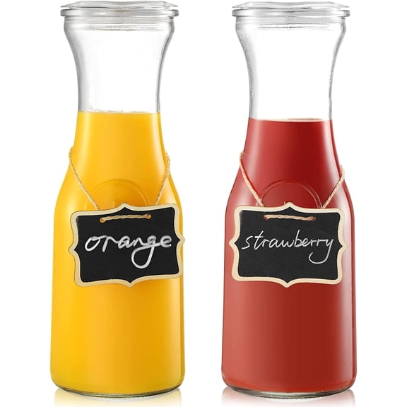 CZQ Glass Carafe with Lids, 1 Liter Water Pitcher Carafe for Mimosa Bar, Brunch, Cold Water, Beverage, Wine, Iced Tea, Lemonade(2 of,2 Wooden Chalkboard)