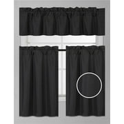 (k3) tier and valance faux silk rod pocket blackout curtain set for small window 30" w x 36" l (black)