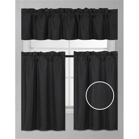 (k3) tier and valance faux silk rod pocket blackout curtain set for small window 30" w x 36" l (black)