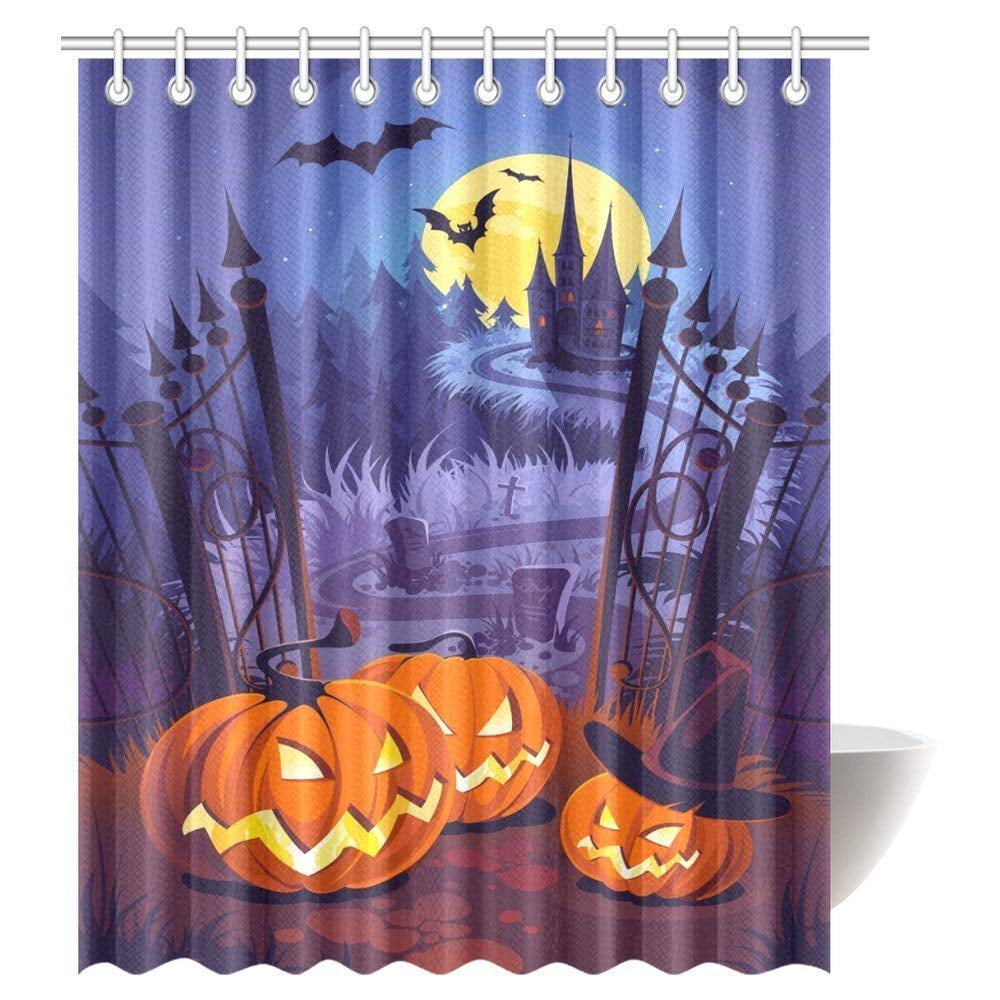 Gckg Pumpkins And Dark Castle On Blue Moon Background Gckg Pumpkins And Dark Castle On Blue Moon Background Bathroom Shower Curtain With Hooks 66x72 Inches