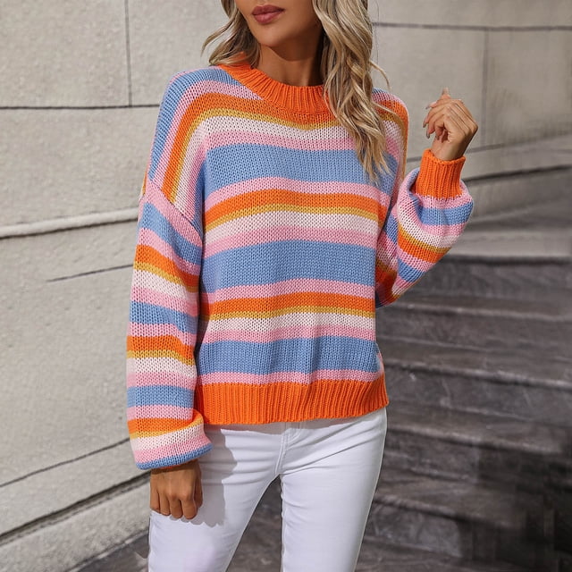 Dvkptbk Chandails pour Femmes Mode Décontractée Couleur Manches Longues Col Rond Chandail Vêtements en Liquidation