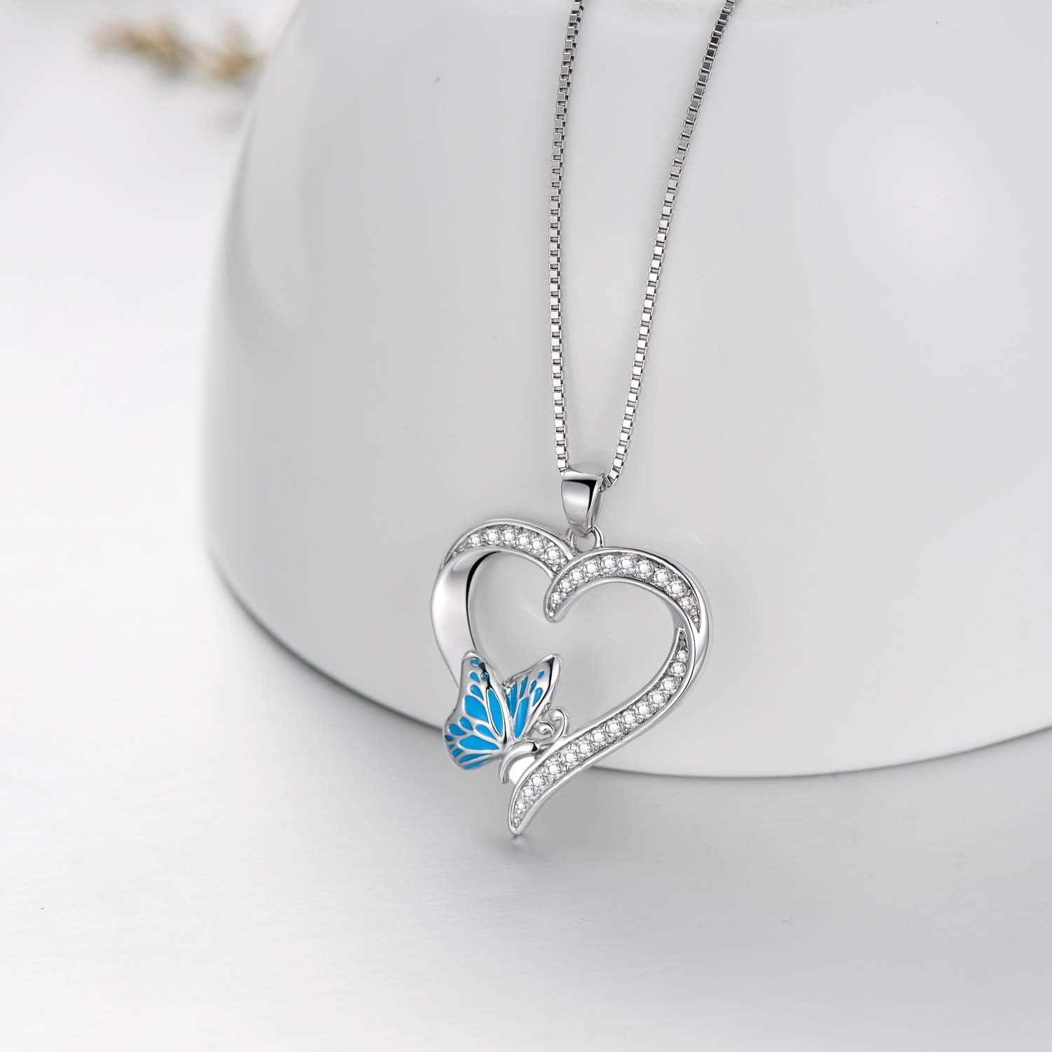 AOBOCO Christmas Gifts for Women, Butterfly Necklace Sterling Silver Heart Pendant with Butterfly Necklace for Women