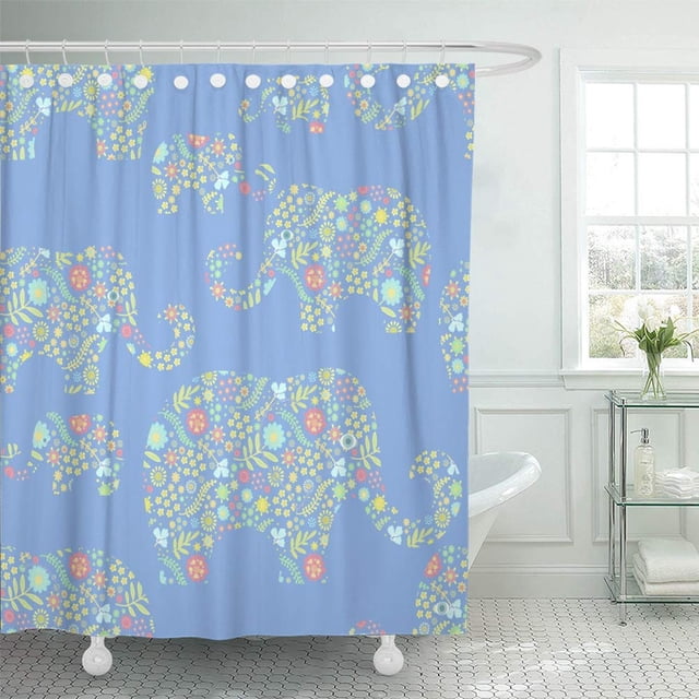 ABPHQTO Patrón de pastel de animal azul con elefantes florales en violeta colorido bebé dibujos animados impermeable baño cortinas de ducha conjunto 165x180 cm ABPHQTO PKNMT66x72Shower-11010