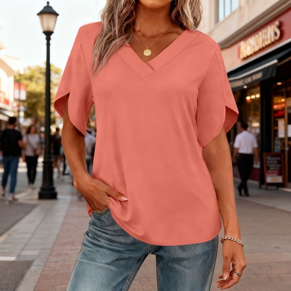Taqqpue Womens Summer Tops Solid Color V Neck Short Sleeve Shirts Dressy Casual Blouse Vacation Tshirts Plus Size for Women