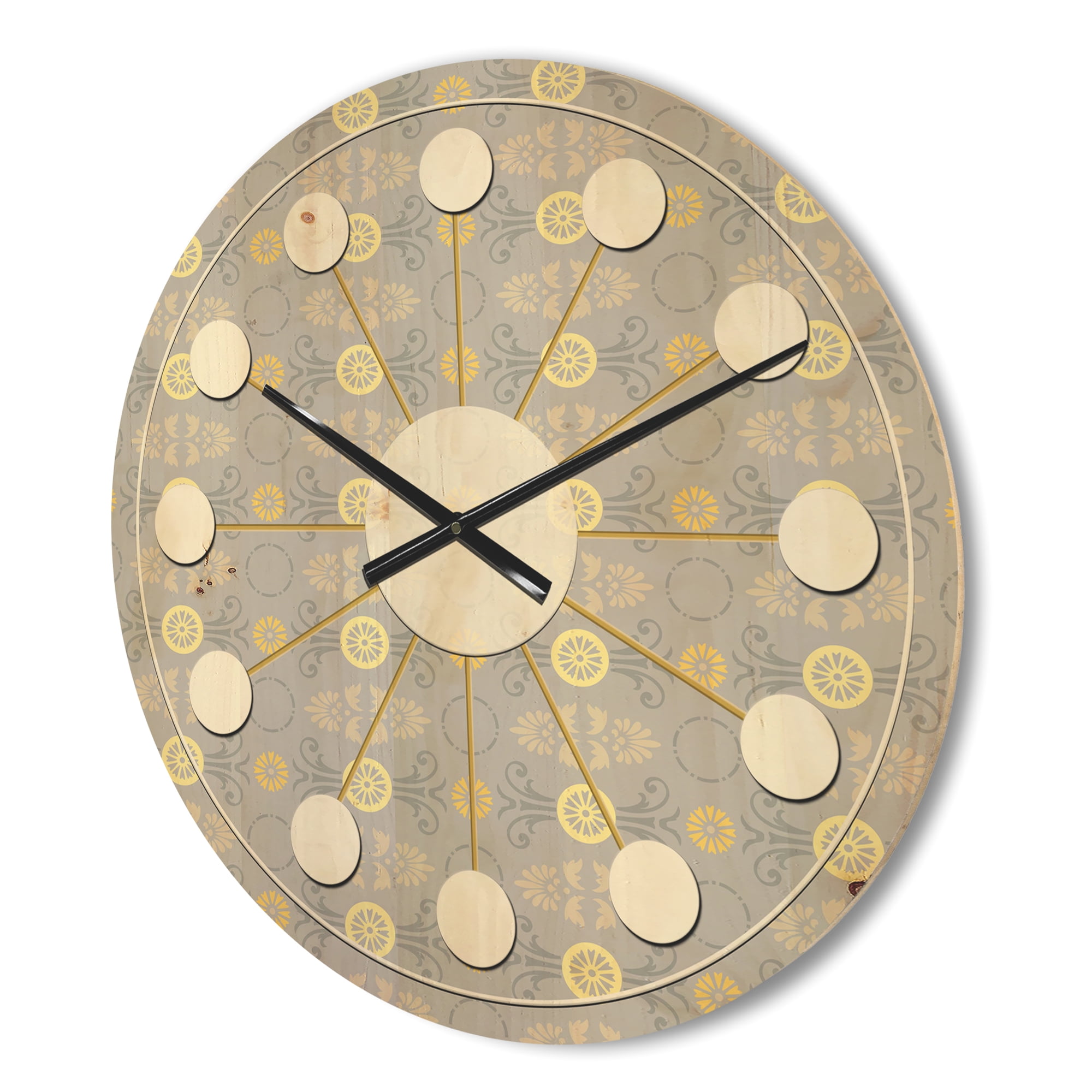 Designart 'Golden Cornflower Retro Pattern' Mid-Century Modern Wood Wall Clock