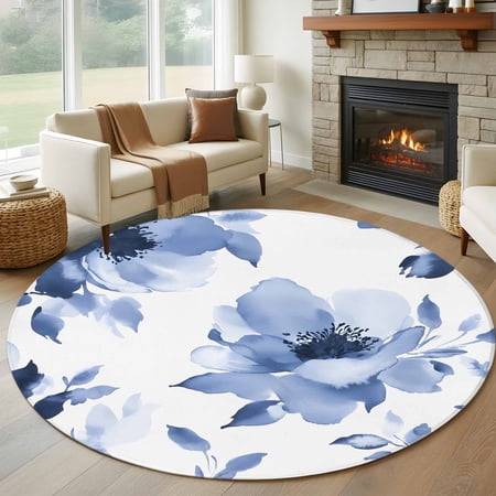 Blue Floral Spring Round Area Rug 6 FT Non Slip Bedroom Rugs Retro Watercolor Botanical Summer Washable Soft Circular Carpet Non-Shedding Floor Mat for Kitchen Dining Room Home Office Kids Room