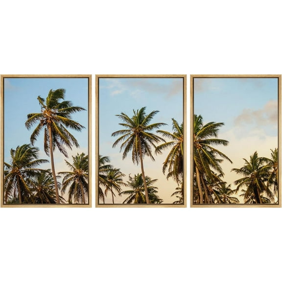 Wall26 Framed Prints Canvas Wall Art Set of 3 Tropical Palm Leaf Sunset Nature Wilderness Photography Realism Decoration Landscape Rustic Country/Farmhouse Wall Decora - Natural 24"x36"x3