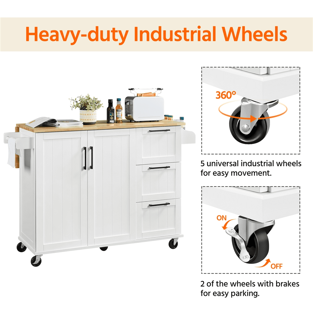 Renwick Rolling Kitchen Cart with Cabinets and Drawers, White