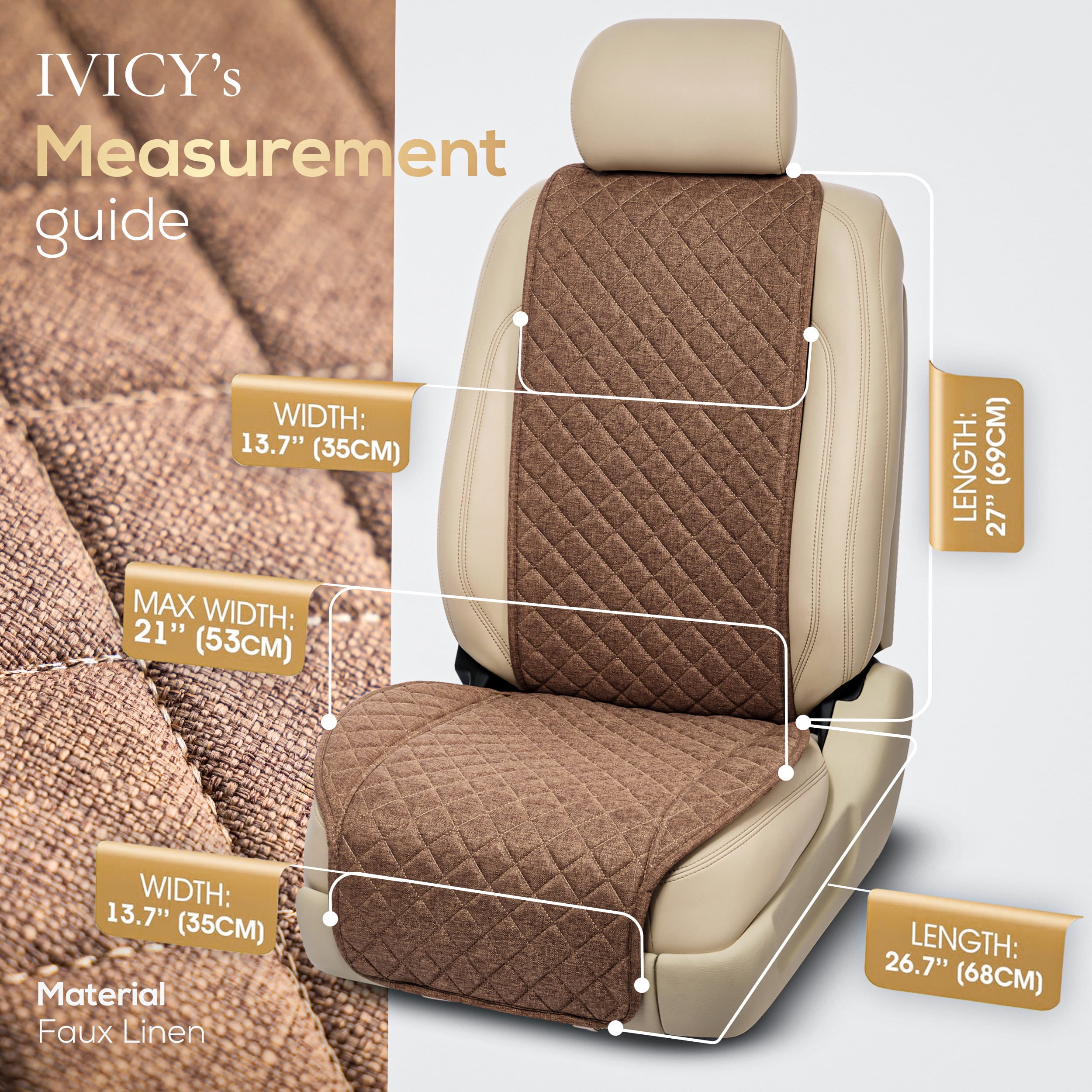 IVICY Faux Linen Front Car Seat Cover – Durable, Non-Slip Seat Protector for Cars – 1 Unit, Brown