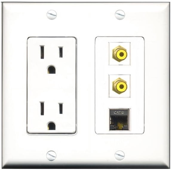 RiteAV - 15 Amp Power Outlet 2 Port RCA Yellow 1 Port Shielded Cat6 Ethernet Ethernet Decorative Wall Plate