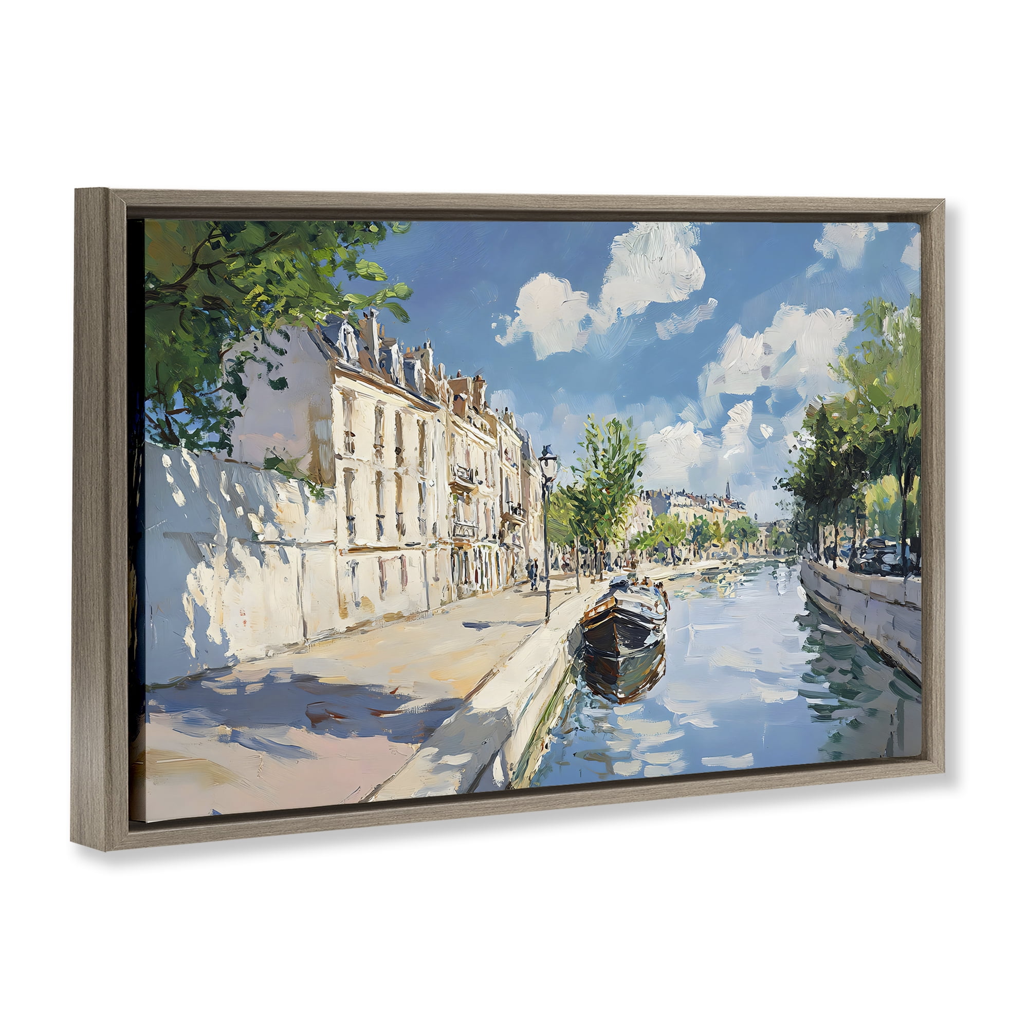 Stupell Industries Boat in Canal Summer Reflection Brown Framed Floater Canvas Wall Art, design by Creative Studio