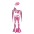 thumbnail image 4 of Haitryli Kids Girls Street Hip Hop Jazz Dance Outfit Sequin Tassel Crop Top And Metallic Bell Bottom Pants And Hat Set Pink 16, 4 of 7