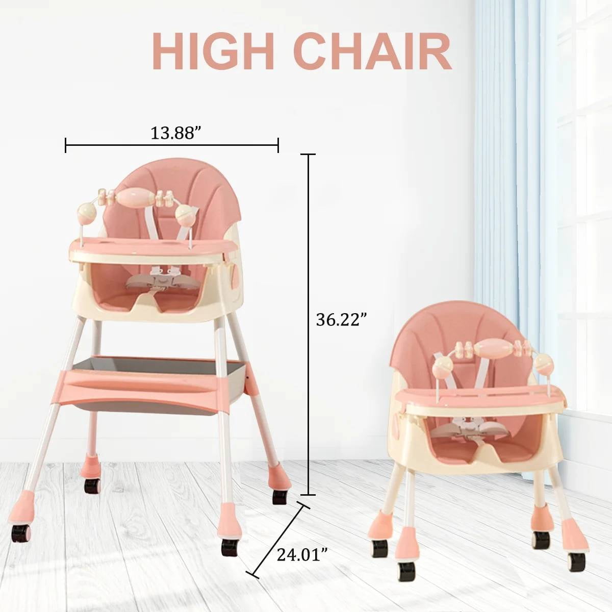 ManyFun 4 in 1 Baby High Chair Portable Toddler Baby Dining Chairs-Dining Booster Seat for Eating-Dinner Plate and Toy Rack,Pink
