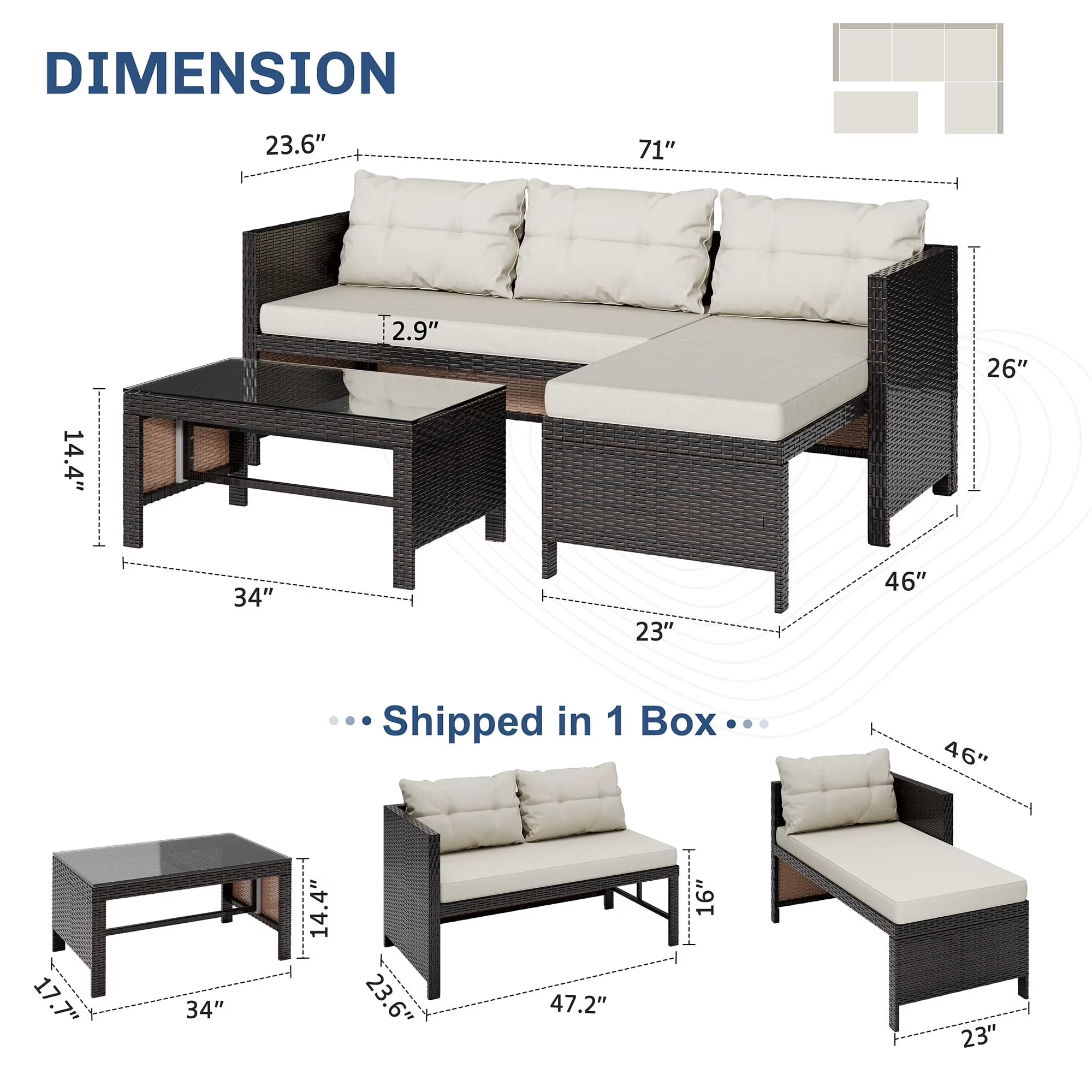 Tappio 5 Pieces Patio Furniture Sets All Weather Outdoor Sectional Patio Sofa Manual Weaving Wicker Rattan Patio Seating Sofas with Cushion and Glass Table