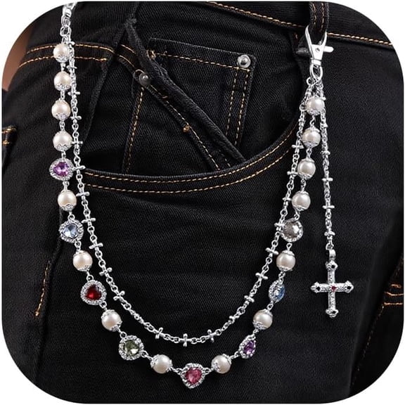Pearl Pants Chain for Men and Women – Layered Wallet Chain with Flower Beads or Heart Cross Pendant, Punk Aesthetic Jeans Keychain Accessory