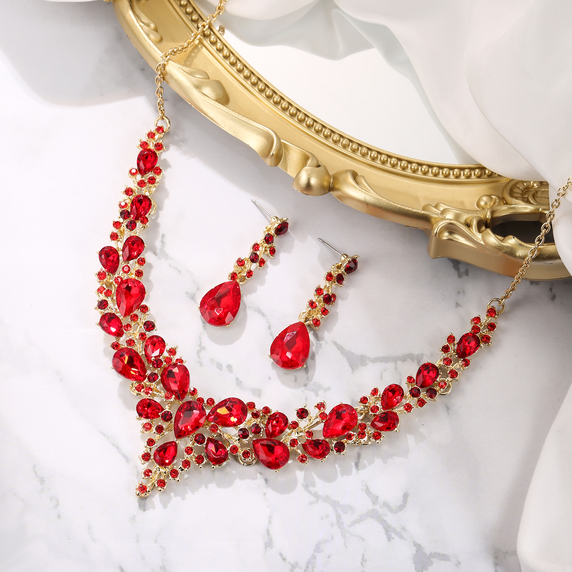 Wedure Wedding Bridal Necklace Earrings Jewelry Set for Women, Austrian Crystal Teardrop Cluster Statement Necklace Dangle Earrings Set Ruby Color Gold-Tone - image 3 of 5