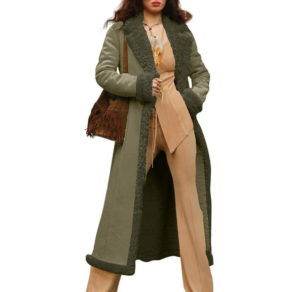 Women’s Long Lapel Open Front Faux Shearling Coat Full Length Plush Outerwear Winter Warm Overcoat with Pockets