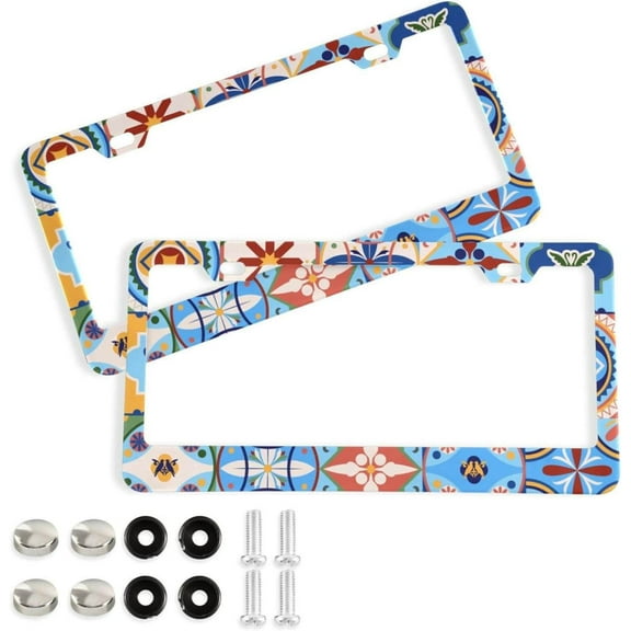 Coolnut Moroccan Tile Mosaic 2 Holes Car License Plate Frames 2PCS, Car License Plate Holder with Screw Caps Cover Set Automotive Exterior Parts Decoration for US Vehicles