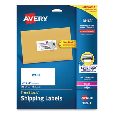 White 100/Pack 2 x 4 Shipping Labels with TrueBlock Technology Inkjet