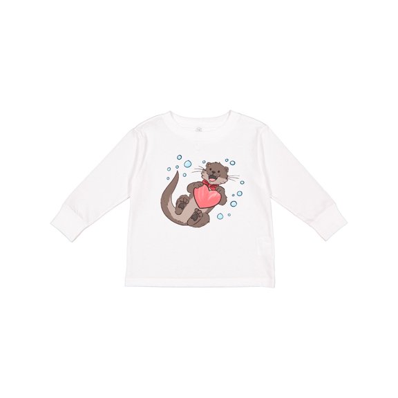 Inktastic Cute Smiling Valentine's Day Otter with Heart Boys or Girls Long Sleeve Toddler T-Shirt