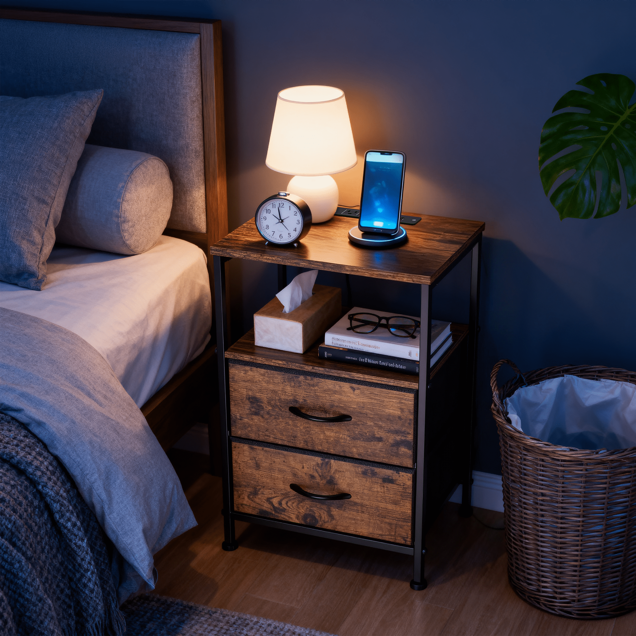 EZKAMFORT Nightstands for Bedroom Set of 2, Nightstands Set of 2, Small Nightstands with Usb Ports and Outlets, Rustic Brown Bedside Table