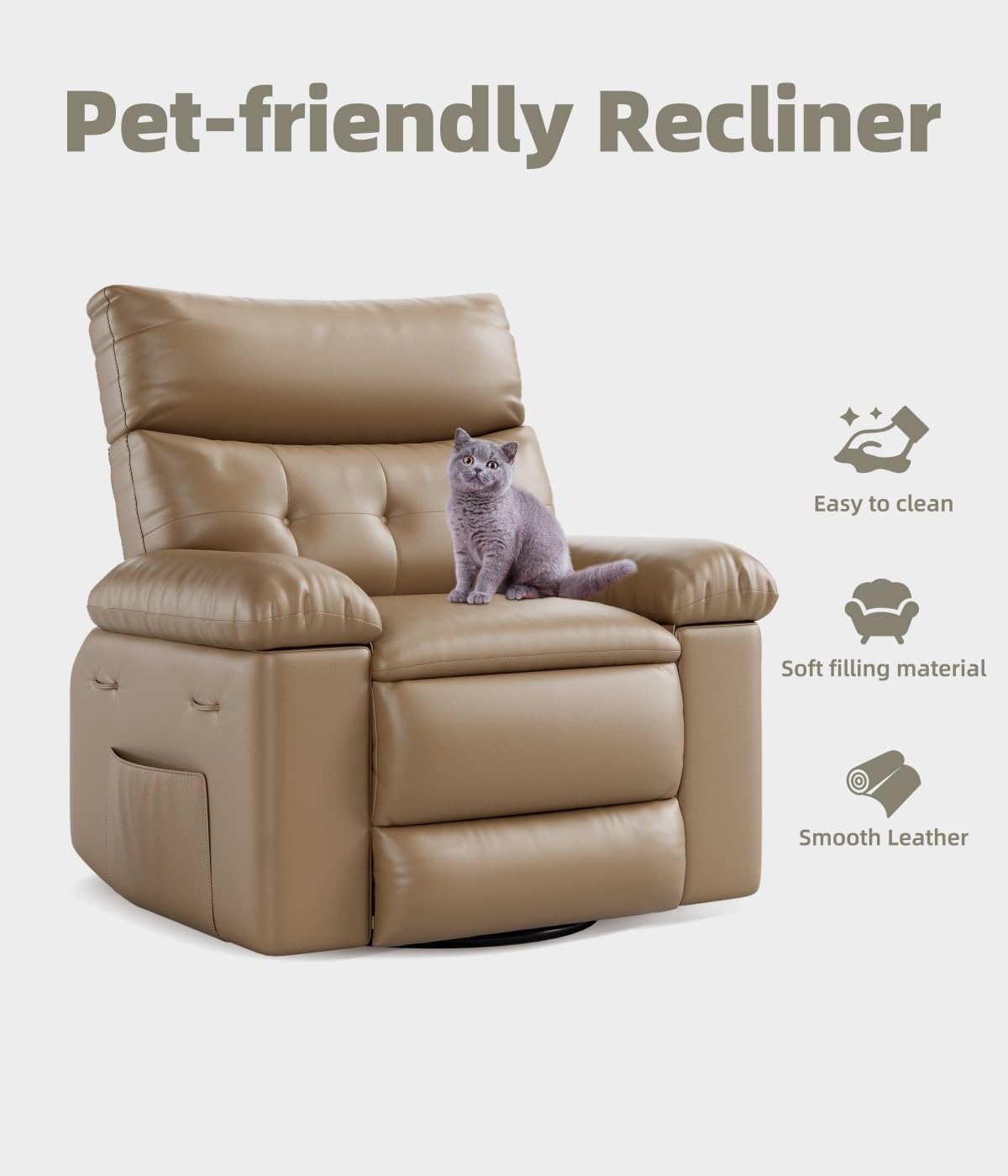 Oversized Recliner Chairs with Massage and Heat - 360° Swivel Lazy Rocking Chair for Adults with Remote Control for Living Rooms, Bedrooms and Nurseries - Tan