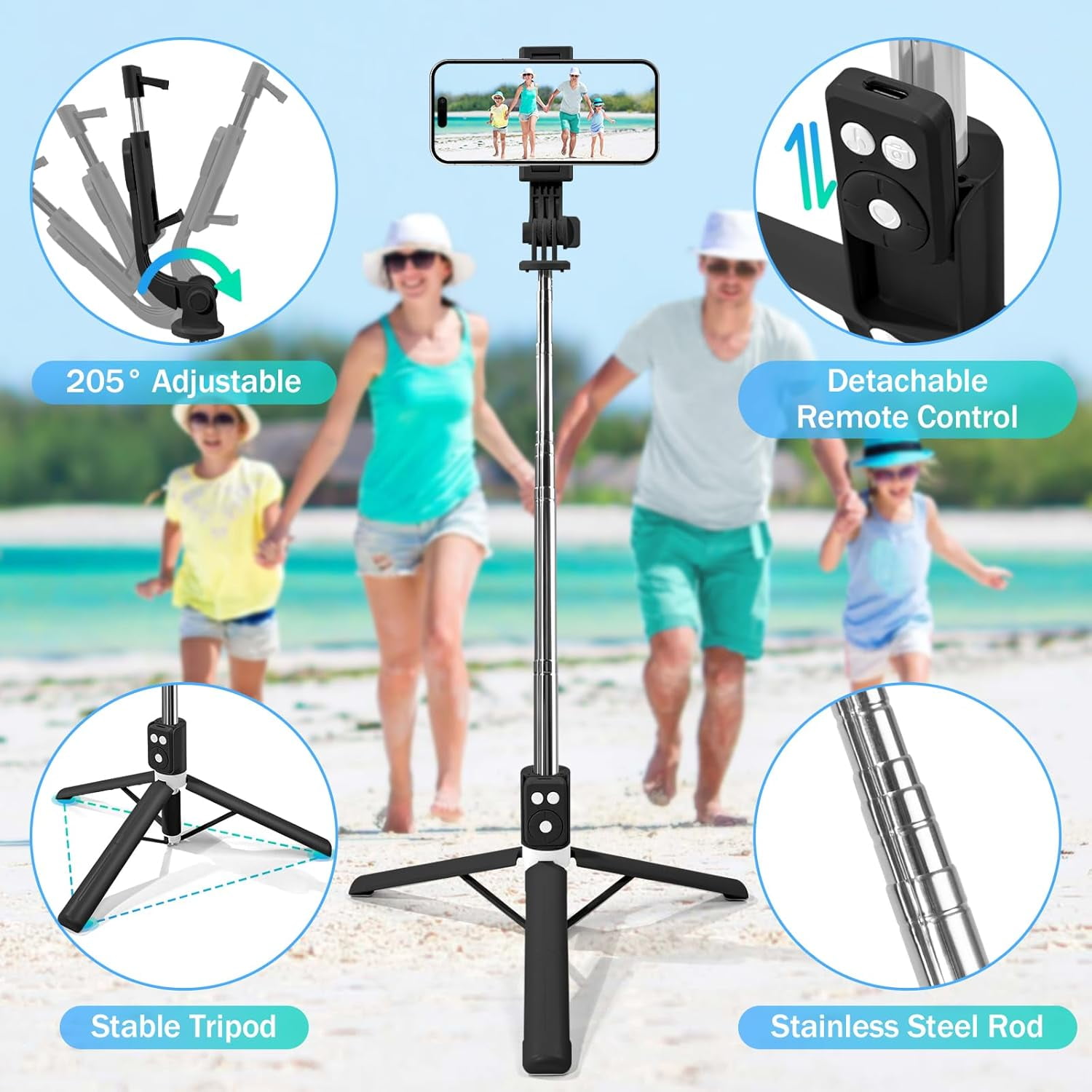 NEOYFC  Selfie Stick Tripod with Wireless Remote, Extendable Adjustable Length, Portable Travel Stand for iPhone 16/15/14/13/12, Samsung Galaxy & Smartphones (Black)