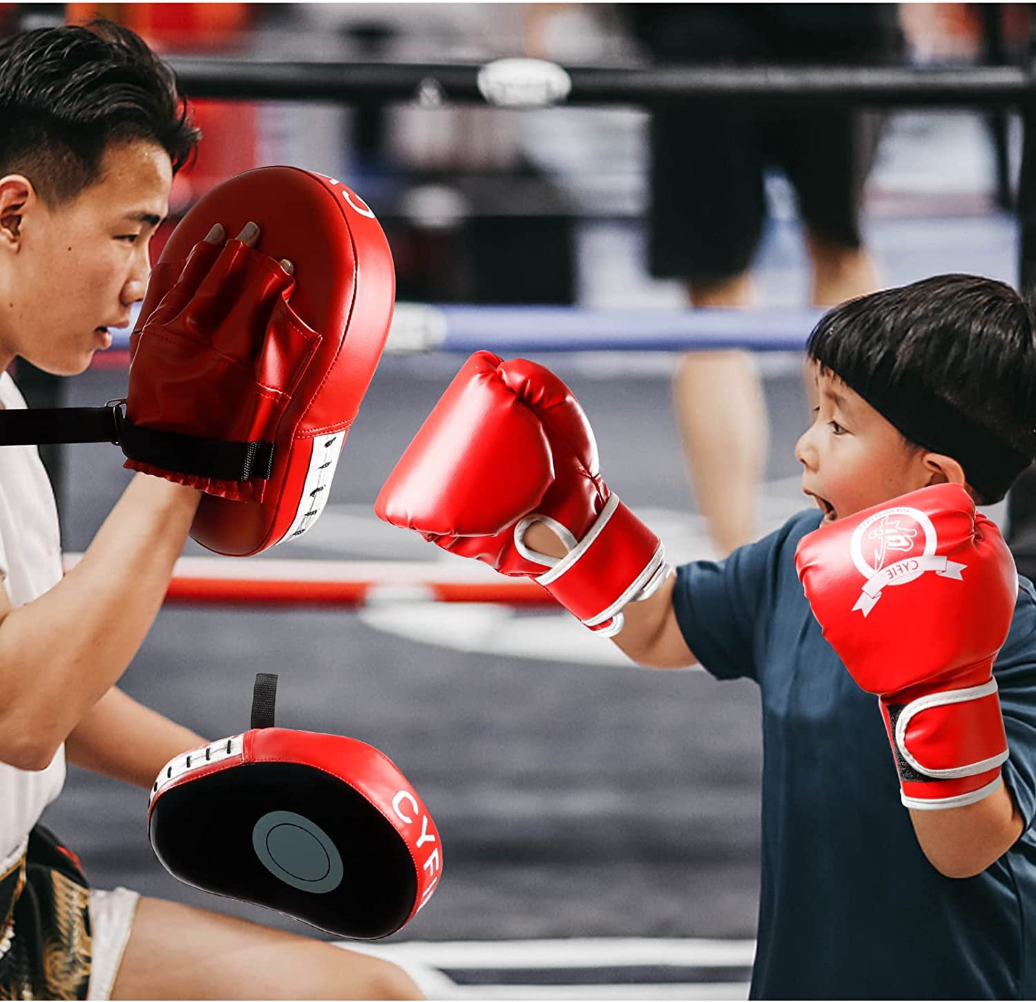 CYFIE 3-in-1 Boxing Stuff with Boxing Gloves & Taekwondo Kick Pad, Punching Mitts for Adult Youth, MMA Karate Muay Thai Training,Red