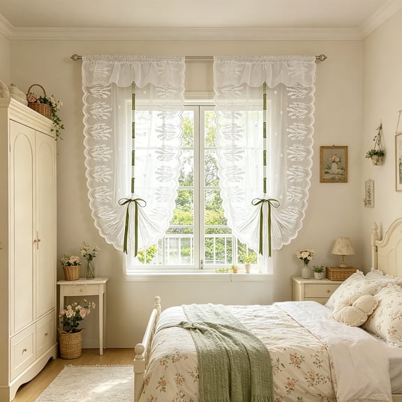 Lace Kitchen Curtains Floral Bowknot Tie Up Kitchen Window Curtains for Cafe Style Small Window Bathroom Window Cabinet Laundry Room Decor,1Pc,31''x 62''