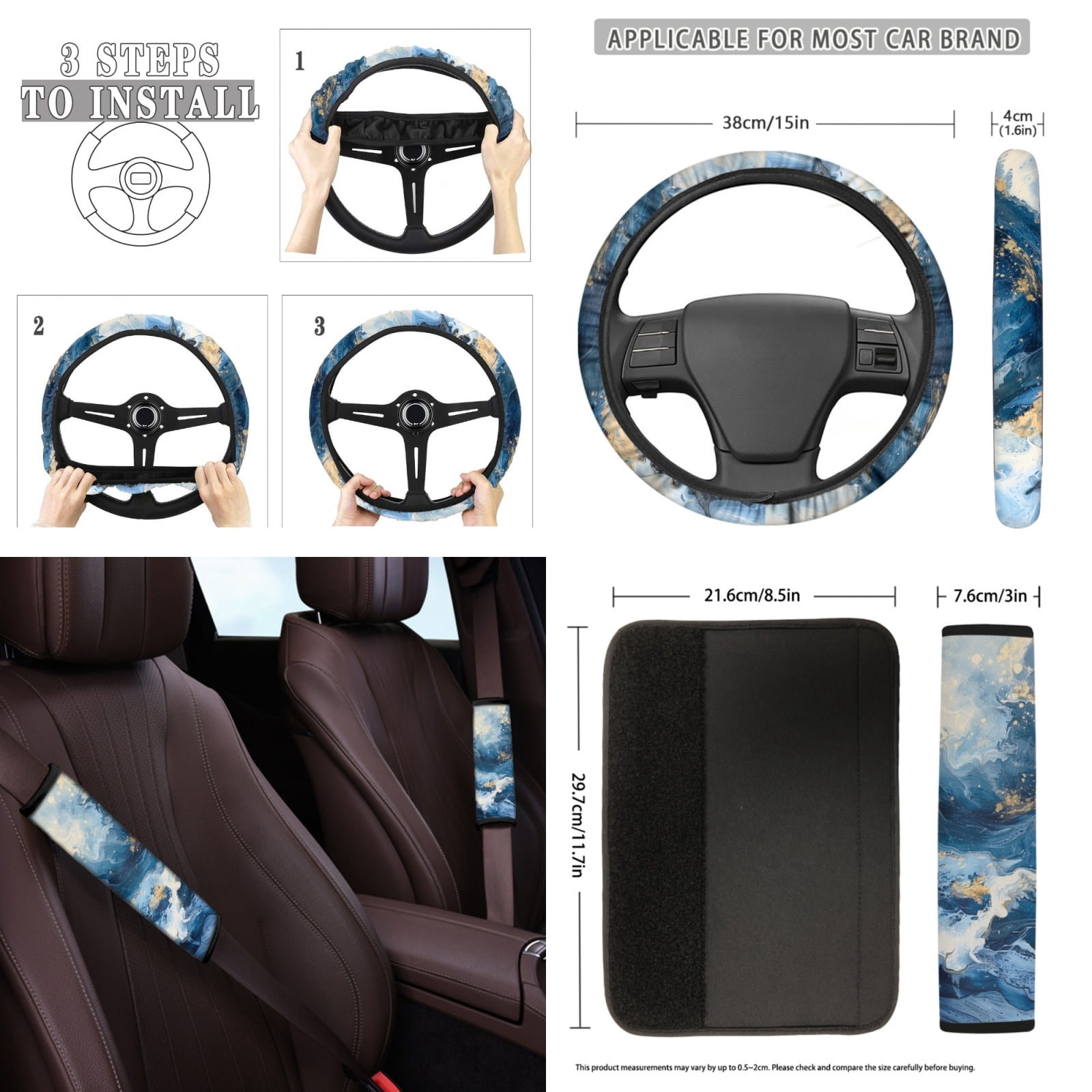 Yuyamidu Blue Marble Print Car Seat Covers Full Set of 12 Universal Front Back Seat Cover and Steering Wheel Cover Seatbelt Strap Pad Cup Holders Keychain