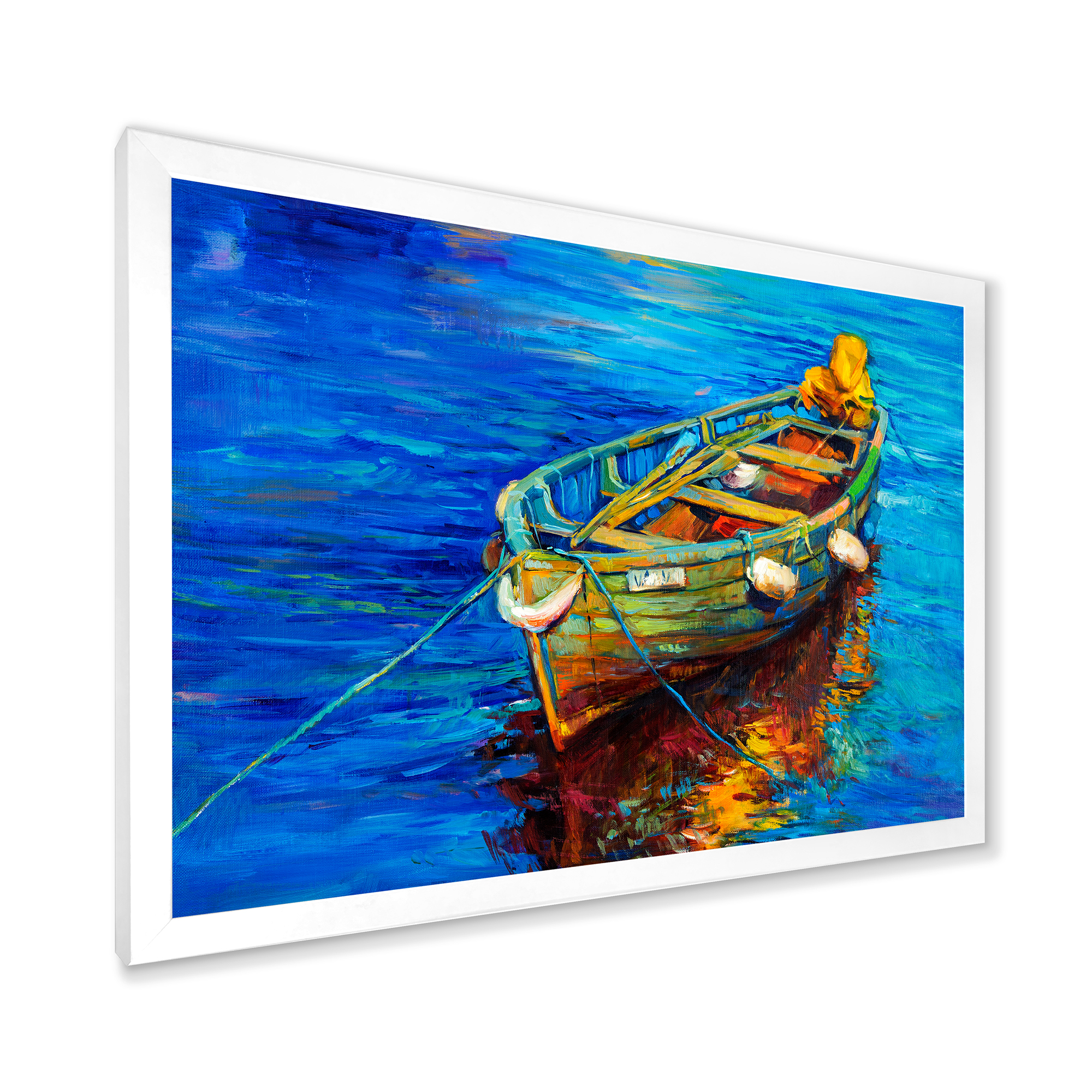 Boats During Warm Sunset Resting On The Water IV 32 in x 16 in Framed Painting Canvas Art Print, by Designart