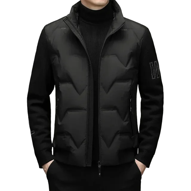 Chaqueta de plumón ligera de invierno 2024, chaleco de dos piezas falso de plumón de pato gris, abrigo corto informal con cuello alto y mangas de punto para hombre