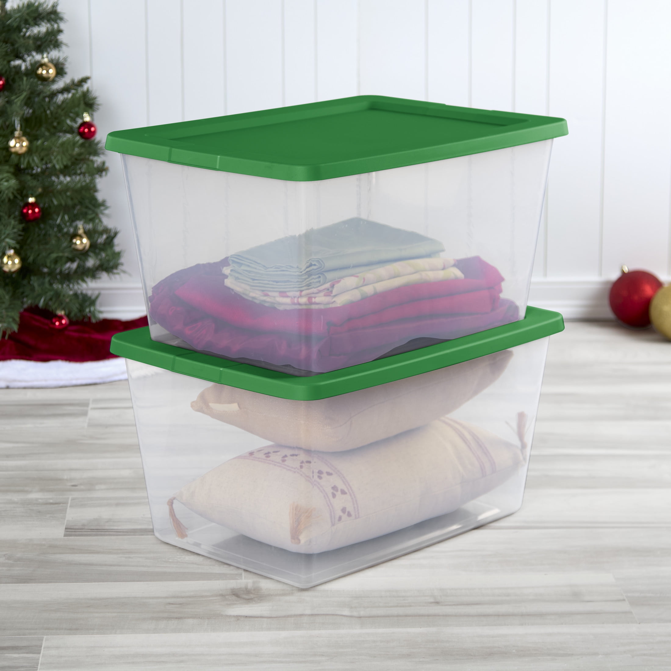 Sterilite Small Storage Bin, 58 Quart Clear Plastic Storage Container with Snap-On Lid, Green, Pack of 8